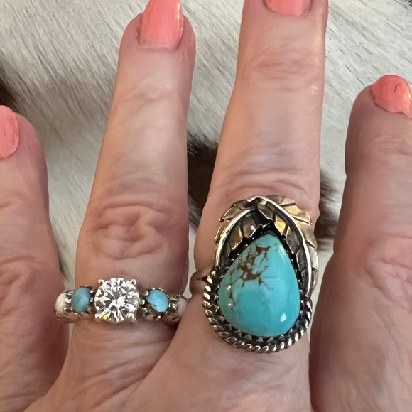 ❤️ Kingman Turquoise Statement Sterling Navajo Style Feather Leaf Ring Sz 7.5 - Picture 3 of 16